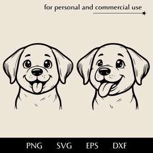 Cute labrador face SVG, Cartoon dog portrait png, eps, dxf, Puppy looks straight ahead and half sideways vector, Funny pet with tongue logo