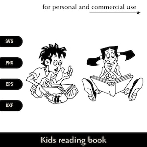 Meisje en jongen lezen boek SVG, boekenliefhebber kinderen png, eps, dxf, hoekige stijl cartoon tiener tekens vector, kinderboekenclub clipart-logo