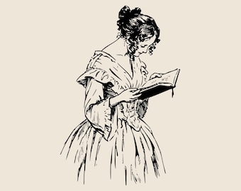 Elegant victorian girl holding book SVG, Lady in fluffy dress reading novel png, eps, dxf, Young woman writer vector, Clipart for library
