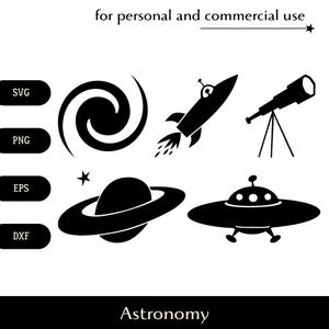 Astronomie SVG-bundel, telescoop sterrenstelsel en planeet png, eps, dxf, astronaut in raket en ufo-vector, fantastische ruimteverkenning clipart