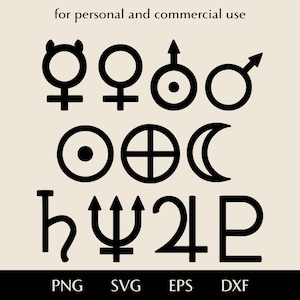 May include: Black line art of astrological symbols, including Mercury, Venus, Sun, and Moon, with the text "for personal and commercial use" at the top and file type abbreviations at the bottom: PNG, SVG, EPS, and DXF.