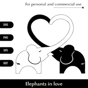 Dois elefantes dobraram as trombas em forma de coração SVG, Elefantes apaixonados png, eps, dxf, Logotipo de vetor de animais fofos se beijando, Casal apaixonado clipart