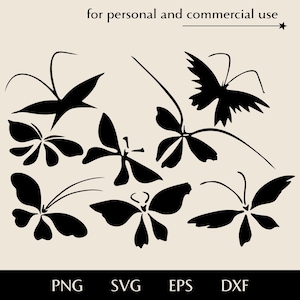 May include: Black butterfly and floral silhouettes on a cream background. The image includes the text "for personal and commercial use" and file type abbreviations: PNG, SVG, EPS, and DXF.