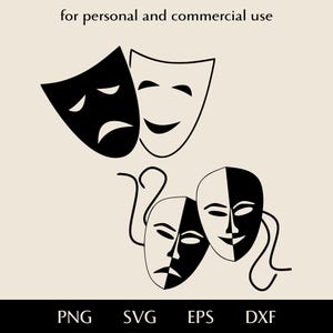 Theater mask SVG, Smiling and sad face png, eps, dxf, Black and white movie mask vector, Classical attribute of theatrical performance logo