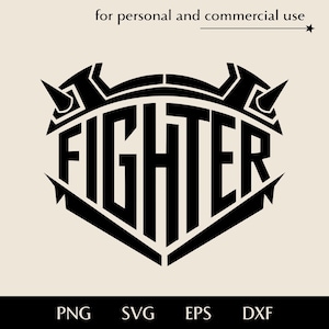 May include: Black and white graphic design of the word "FIGHTER" in a bold, stylized font. The word is enclosed in a geometric shape resembling a shield with sharp points at the top.