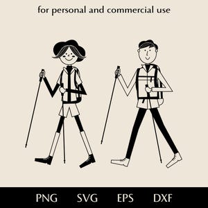 Może przedstawiać: Czarno-biała ilustracja dwóch osób wędrujących z kijkami trekkingowymi i plecakami. Obraz zawiera tekst "for personal and commercial use" oraz opcje typów plików: PNG, SVG, EPS i DXF.