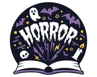 Open book with bats ghosts skulls SVG, Horror book genre png, eps, dxf, Stylized fortune teller crystal ball vector, Dark literature logo