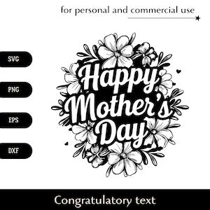 Happy Mother's Day SVG, felicitatietekst voor moeders op bloemen achtergrond png, eps, dxf, boeket bloemen en inscriptie clipart logo
