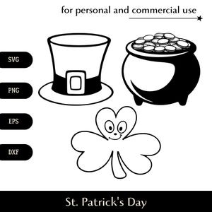 Saint Patrick's feast day SVG, Cute cartoon three-leaved shamrock png, eps, dxf, Leprechaun hat vector, Pot filled with golden coins clipart