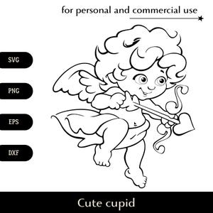 Cupido lindo en blanco y negro dispara un arco SVG, ángel bebé rizado en pañales png, eps, dxf, mensajero alado del amor tira de la cuerda del arco vector