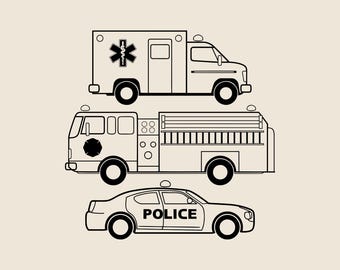 Emergency vehicles bundle SVG, Ambulance Police car Fire engine png, eps, dxf, Coloring element for school vector, Car theme lineart clipart