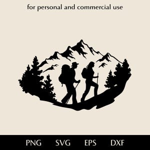Man and woman hiking in mountains silhouette SVG, Tourists walk along the trail png, eps, dxf, Active recreation vector, Date in nature logo