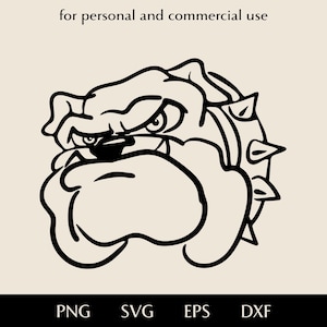 Frowning toothy bulldog SVG, Grumpy dog with spiked collar png, eps, dxf, Cartoon pet portrait vector, Funny clipart logo for dog lovers