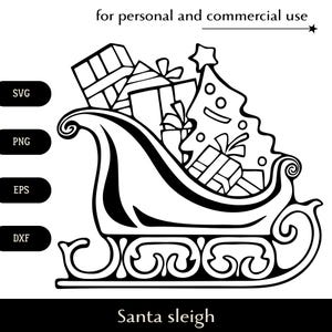 Preto e branco Desenho animado fofo trenó de papai noel cheio de presentes SVG, Árvore de natal decorada png, eps, dxf, logotipo vetorial de ano novo Download digital