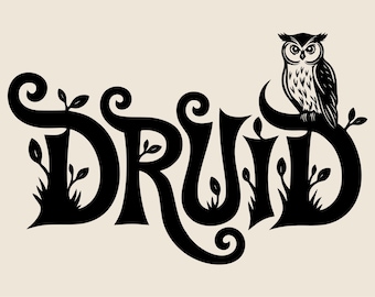Druid in owl form SVG, Stylized inscription with plant and bird png, eps, dxf, Tabletop role-playing game vector, Letters with grass clipart