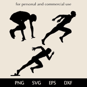 Short distance runner bundle SVG, Crouch start png, eps, dxf, Athletics sprinter vector, Running competitions clipart, Bullet start logo