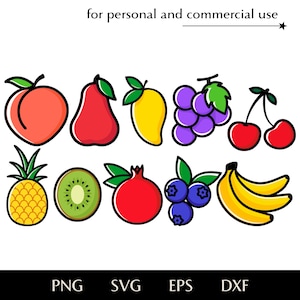 May include: A collection of colorful, cartoon-style fruit illustrations, including a peach, pear, mango, grapes, cherries, pineapple, kiwi, pomegranate, blueberries, and bananas. The text "for personal and commercial use" is at the top, with file type labels at the bottom.