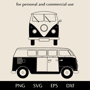 SVG de frente e lateral de van clássica, PNG, EPS, DXF de microônibus familiar, vetor de carro de viagem estilo antigo, logotipo de clipart de microônibus móvel para uso doméstico