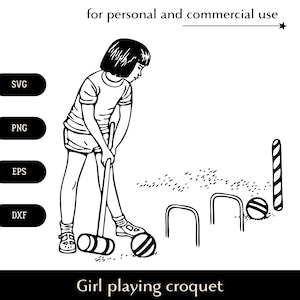 Linda garota preta e branca com bob segurando o martelo de madeira SVG, jogador de croquet iniciante png, eps, dxf, conjunto de jogos de esporte clipart Download digital