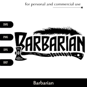 Classe SVG de DnD Bárbaro, Inscrição estilizada com machado enorme e pele png, eps, dxf, Vetor para jogadores de jogos de tabuleiro, Descrição de personagem legal