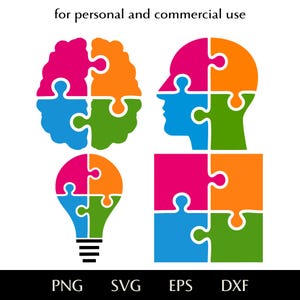May include: Four colourful puzzle-piece designs are displayed against a white background: a brain, a head profile, a lightbulb, and a square. The image includes the text "for personal and commercial use" and file type abbreviations: PNG, SVG, EPS, and DXF.