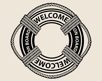 Welcome on board lifebuoy SVG, Maritime tourism greeting sign png, eps, dxf, Water safety equipment clipart, Life saving ring with text logo