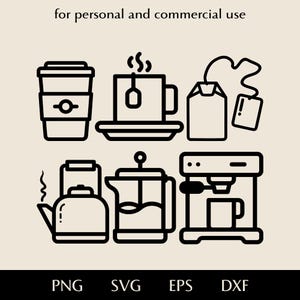 May include: Black and white line art illustrations of coffee and tea-related items. Includes a to-go coffee cup, a teacup with a saucer, tea bags, a kettle, a French press, and a coffee machine. Text at the top says "for personal and commercial use".