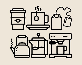 Small coffee shop bundle SVG, Kettle, teapot, coffee machine, cup of tea, teabag png, eps, dxf, Cute vector for cafe, Coffee break logo