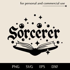Inscription sorcier avec livre ouvert et étoiles SVG, texte stylisé magique png, eps, dxf, classe de personnage pour les amateurs de jeux de société clipart vectoriel