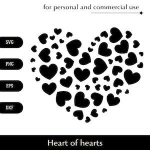 Corazón en blanco y negro formado por pequeños corazones SVG, muchos corazones png, eps, dxf, vector de amor del día de San Valentín, clipart para amantes y amigos