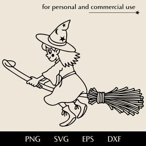 Mała czarownica na miotle SVG, Słodka dziewczyna Halloween w spiczastym kapeluszu png eps dxf, Dziecko w kostiumie na Halloween wektor, Zabawny clipart młodej czarownicy