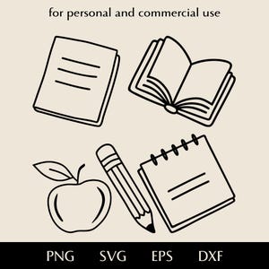 May include: Black and white line art of school supplies, including a closed notebook, an open book, a spiral notebook, a pencil, and an apple. The text "for personal and commercial use" is at the top. The file types PNG, SVG, EPS, and DXF are listed at the bottom.