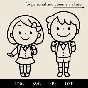 Cute smiling children school uniform SVG, Students with backpacks png, eps, dxf, On the way to school vector, Boy and girl full length logo