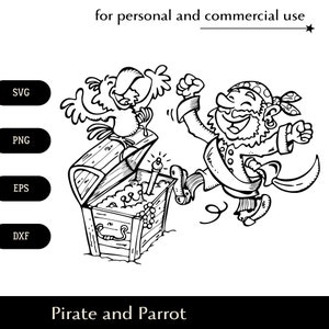 Czarno-biały pirat i papuga odkrywają ukryty skarb SVG, Sailor sea adventure png, eps, dxf, Corsair znajdź ukrytą skrzynię plik wektorowy