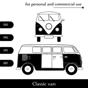 Van clássica preta e branca, frente e lateral SVG, microônibus familiar png, eps, dxf, vetor de carro de viagem de estilo antigo, logotipo de clipart de microônibus móvel