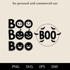 Może przedstawiać: Czarno-biała grafika o tematyce Halloween z napisem "BOO" w różnych stylach. Niektóre "O" są zastąpione dyniami lub otoczone nietoperzami. Tekst "for personal and commercial use" znajduje się na górze, z opcjami typu pliku na dole.