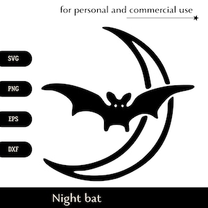 Zwarte & witte vleermuis vliegen 's nachts wassende wassende maan SVG, draaide vampier png, eps, dxf, Halloween avond vector clipart digitale download