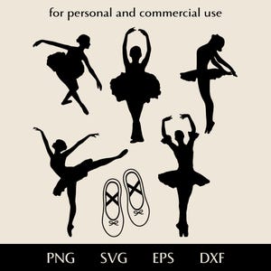 May include: Black silhouette illustrations of ballerinas in various dance poses, with a pair of ballet shoes. The image includes the text "for personal and commercial use" and file type indicators: PNG, SVG, EPS, and DXF.
