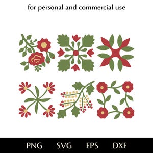 Puede incluir: Seis elementos de diseño floral en rojo, verde y amarillo. La imagen incluye el texto "for personal and commercial use" en la parte superior y opciones de tipo de archivo en la parte inferior: PNG, SVG, EPS y DXF.
