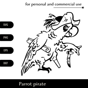 Black & white Parrot pirate with a sword, a map and a wooden leg SVG, Parrot in pirate hat png, eps, dxf, Cartoon sailor bird vector file