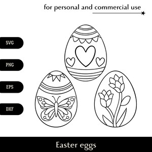 Lot d'oeufs de Pâques avec motifs printaniers SVG, oeufs peints lineart png, eps, dxf, vecteur de coeur et fleur papillon, clipart décorations de Pâques