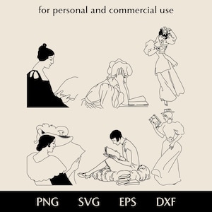 May include: A collection of six line art illustrations of women reading books. The images are in black and white, with a cream-colored background. Text at the top reads "for personal and commercial use". At the bottom are file type options: PNG, SVG, EPS, and DXF.