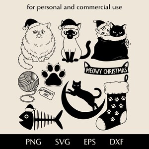 May include: Black and white cat-themed digital illustrations. Includes cats wearing Santa hats, paw prints, a ball of yarn, a fish skeleton, and a Christmas stocking. Text reads "Meowy Christmas" and "Purrfect Gift". Text at the top reads "for personal and commercial use".