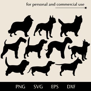 May include: A collection of black dog silhouettes, such as a Collie, French Bulldog, and Dachshund, against a cream backdrop. The text "for personal and commercial use" is at the top, with file type options at the bottom.