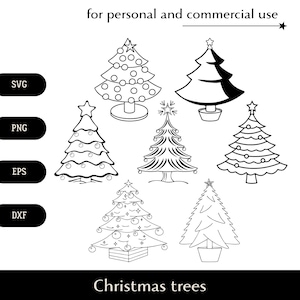 Bundle d'arbres de Noël noir et blanc SVG, joli sapin à feuilles persistantes décoré de jouets et d'étoiles png, eps, dxf, vecteur de vacances d'hiver du nouvel an