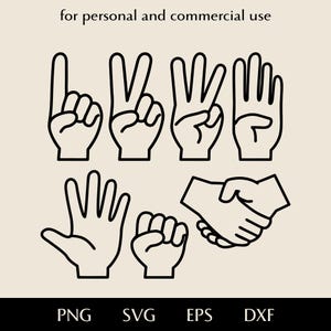 May include: Black line art of hands spelling out the word "LOVE" using American Sign Language. The image also includes a handshake and a fist. Text at the top reads "for personal and commercial use". At the bottom are the file types: PNG, SVG, EPS, and DXF.