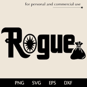 Stilisierter Rogue Text mit Schild und Münztasche SVG, Druck für DnD-Liebhaber png, eps, dxf, einfache minimalistische Vektorklasse Beschreibung Clipart