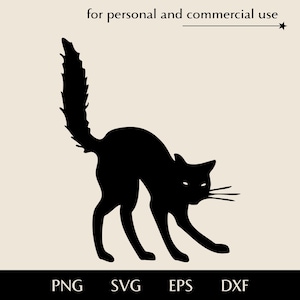Wściekła sylwetka czarnego kota SVG, Prosty przestraszony kot z podniesionym ogonem png, eps, dxf, Wygięty grzbiet kotka clipart, Zwierzę w złym nastroju plik wektorowy