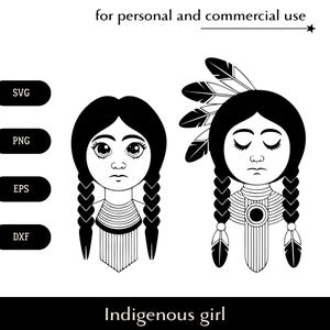 Cartoon Native American Porträt SVG, Indianer Mädchen mit großen Augen png, eps, dxf, Zeichentrickfiguren Vektor, Zöpfe Federn im Haar Logo