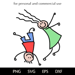 May include: A whimsical illustration of two stick figures in a playful pose. One figure is upside down, wearing red and blue clothing, while the other is upright in green. The image includes the text "for personal and commercial use" and file type options.